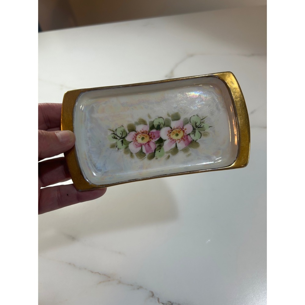 MZ Altrohlau CMR Czechoslovakia Lustreware Floral Trinket Dish Gold Trim Vintage
